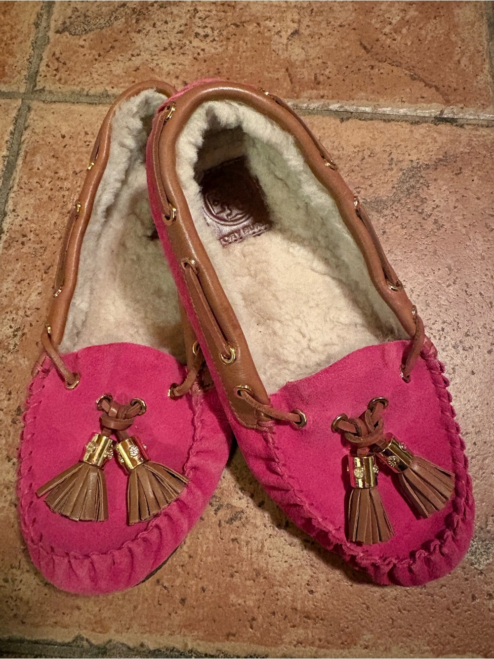 Tory Burch Pink Suede Tassel Moccasins with Brown Trim